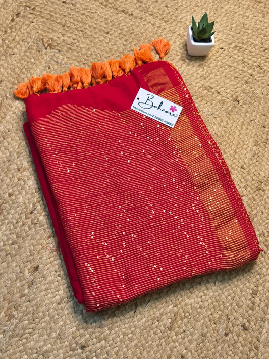 Cotton Galleria | Sindoori Red Acrylic Cotton Saree with Sequence Pallu