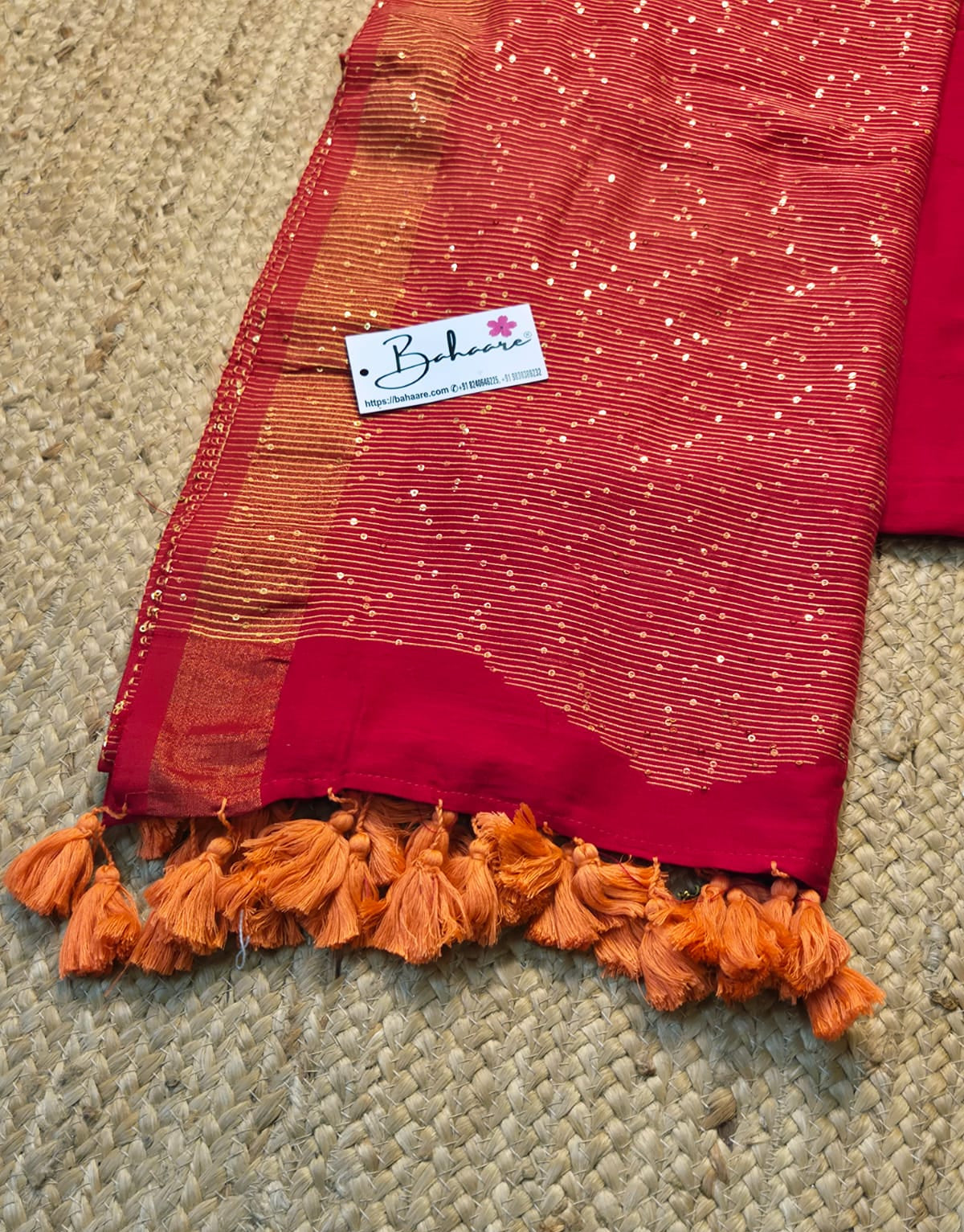 Cotton Galleria | Sindoori Red Acrylic Cotton Saree with Sequence Pallu