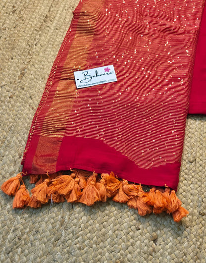 Cotton Galleria | Sindoori Red Acrylic Cotton Saree with Sequence Pallu