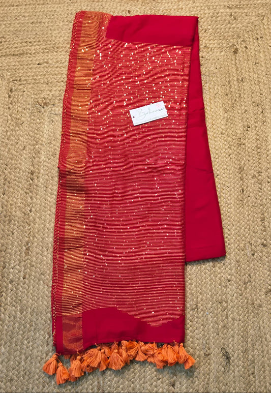 Cotton Galleria | Sindoori Red Acrylic Cotton Saree with Sequence Pallu