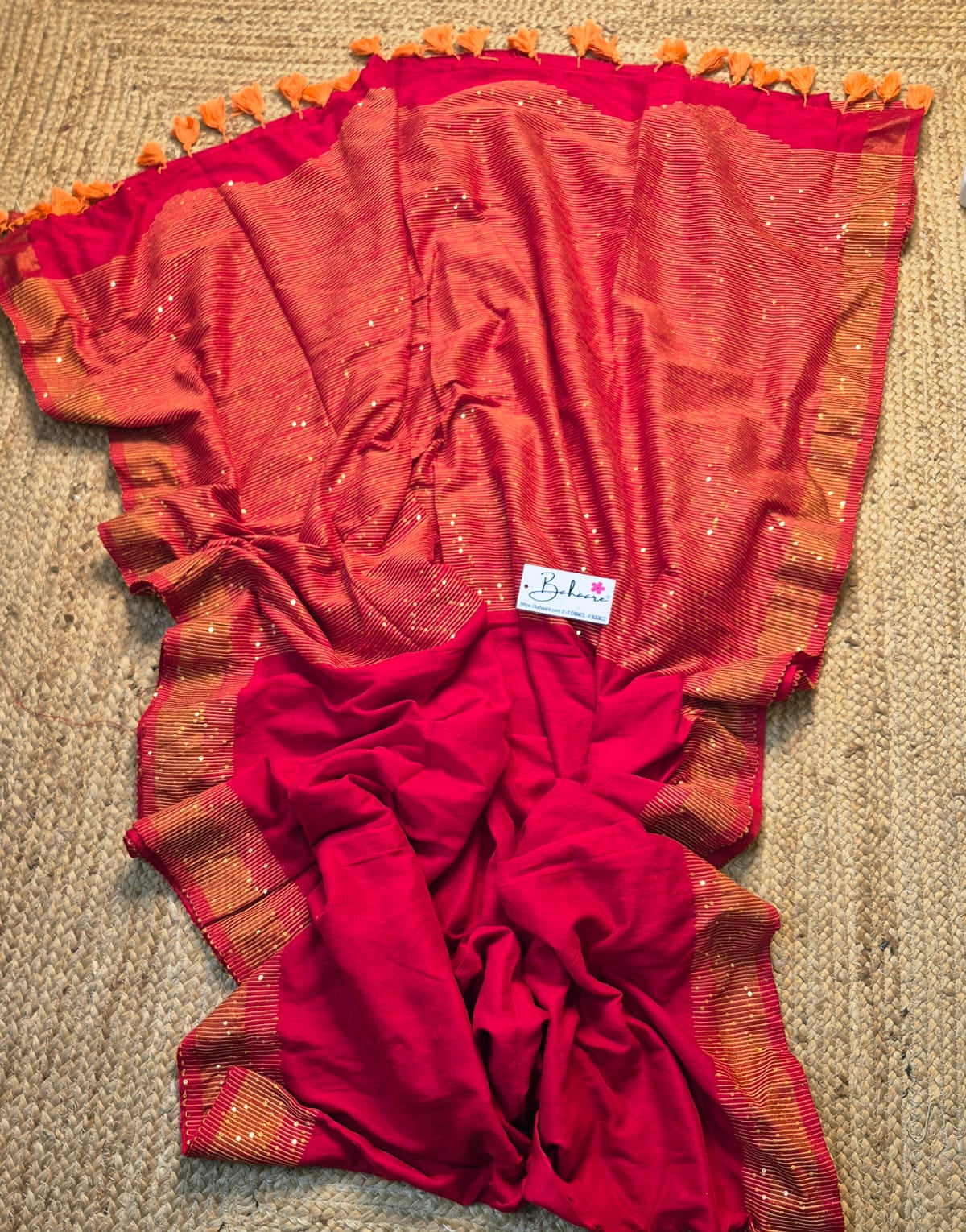 Cotton Galleria | Sindoori Red Acrylic Cotton Saree with Sequence Pallu