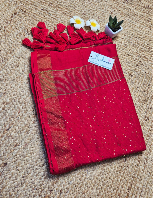 Cotton Galleria | Bridal Crimson Red Acrylic Cotton Saree with Sequence Pallu
