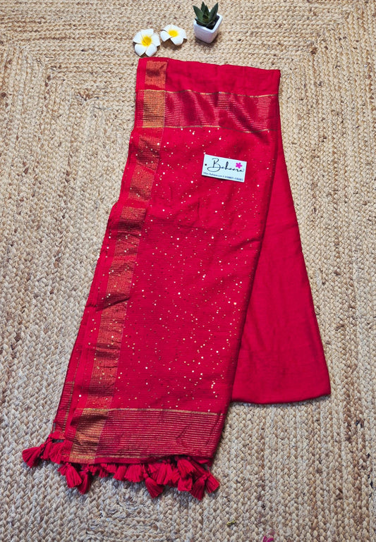 Cotton Galleria | Bridal Crimson Red Acrylic Cotton Saree with Sequence Pallu
