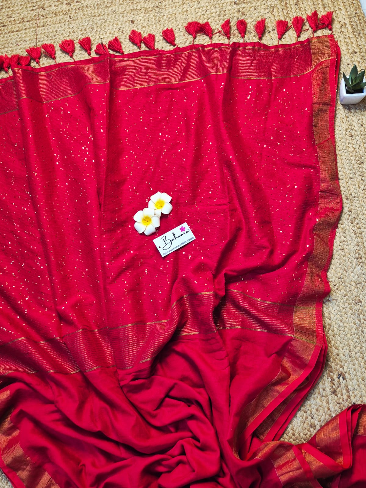 Cotton Galleria | Bridal Crimson Red Acrylic Cotton Saree with Sequence Pallu