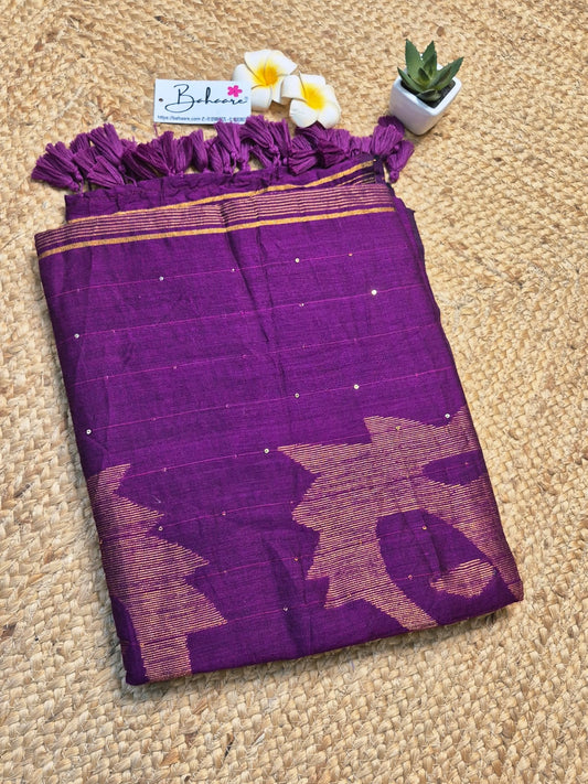 Cotton Galleria | Deep Purple Acrylic Cotton Saree with Jamdani Motif