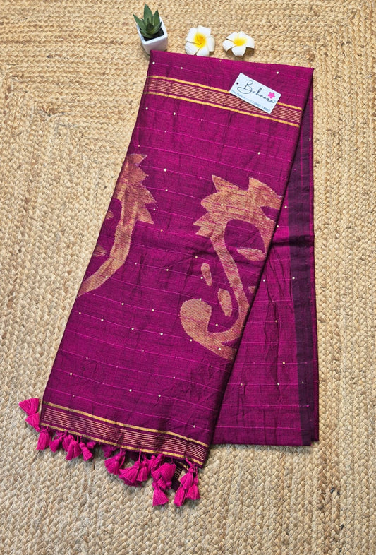 Cotton Galleria | Wine Magenta Acrylic Cotton Saree with Jamdani Motif