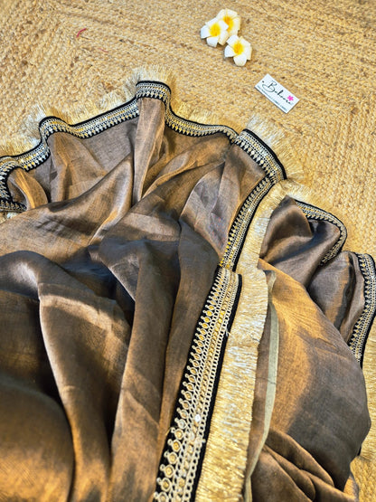 Megha | Metallic Copper Tissue Saree with Zari Lace
