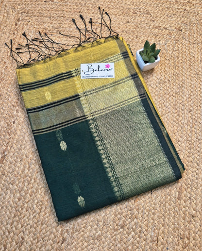 Cotton Galleria | Lime Yellow with Deep Green Maheshwari Cotton-Silk Saree