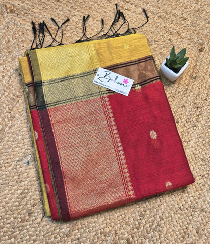 Cotton Galleria | Marigold Yellow with Maroon Maheshwari Cotton-Silk Saree