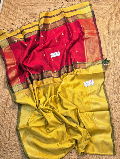 Cotton Galleria | Marigold Yellow with Maroon Maheshwari Cotton-Silk Saree