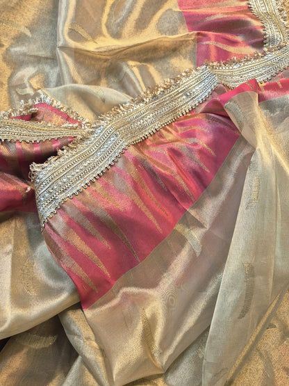 Utsav | White Gold Tissue Organza Silk Saree with Zari Lace