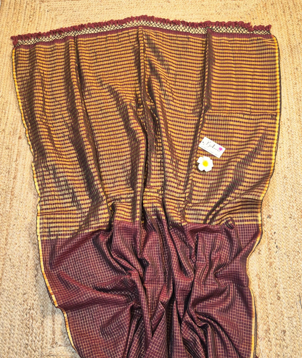 Afreen | Crimson Maroon Tissue Saree with Golden Zari Stripe