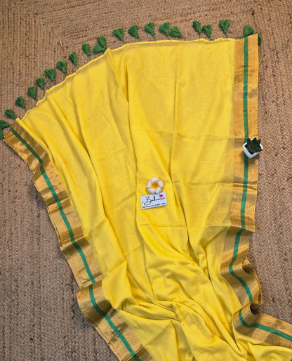 Noor | Haldi Hues Mul Mul Cotton Saree with Golden Zari Border