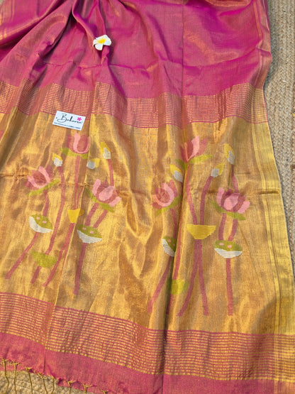 Springtime Serenity | Rose Gold Tissue Linen Saree with Paithani Motif