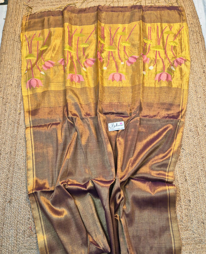 Springtime Serenity | Metallic Gold Tissue Linen Saree with Paithani Motif