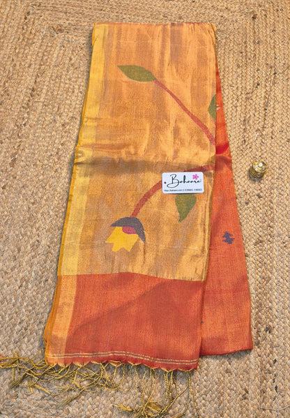 Springtime Serenity | Sunset Orange Tissue Linen Saree with Paithani Motif