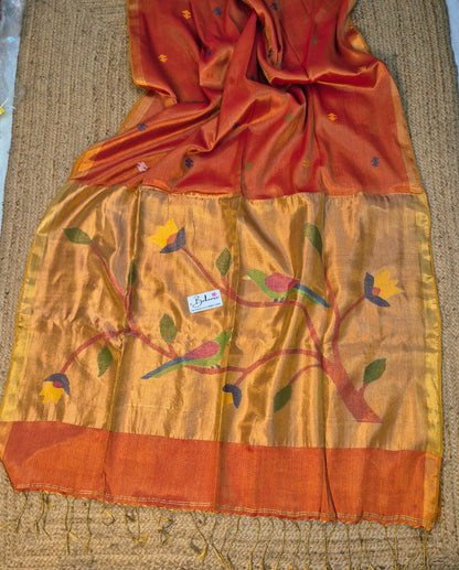 Springtime Serenity | Sunset Orange Tissue Linen Saree with Paithani Motif