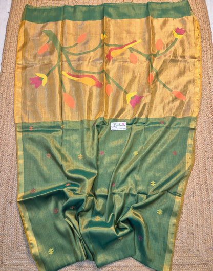 Springtime Serenity | Leafy Radiance Tissue Linen Saree with Paithani Motif