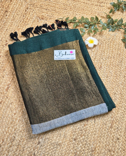 Woodland Whispers | Bottle Green Linen Saree with Gold and Silver Zari Pallu