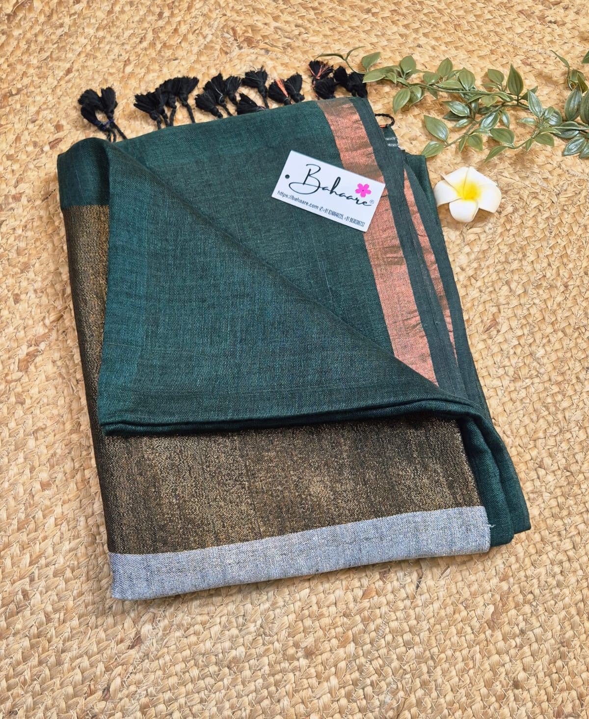 Woodland Whispers | Bottle Green Linen Saree with Gold and Silver Zari Pallu