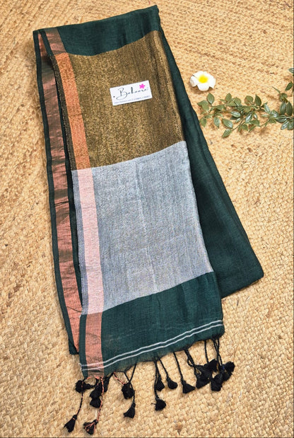 Woodland Whispers | Bottle Green Linen Saree with Gold and Silver Zari Pallu