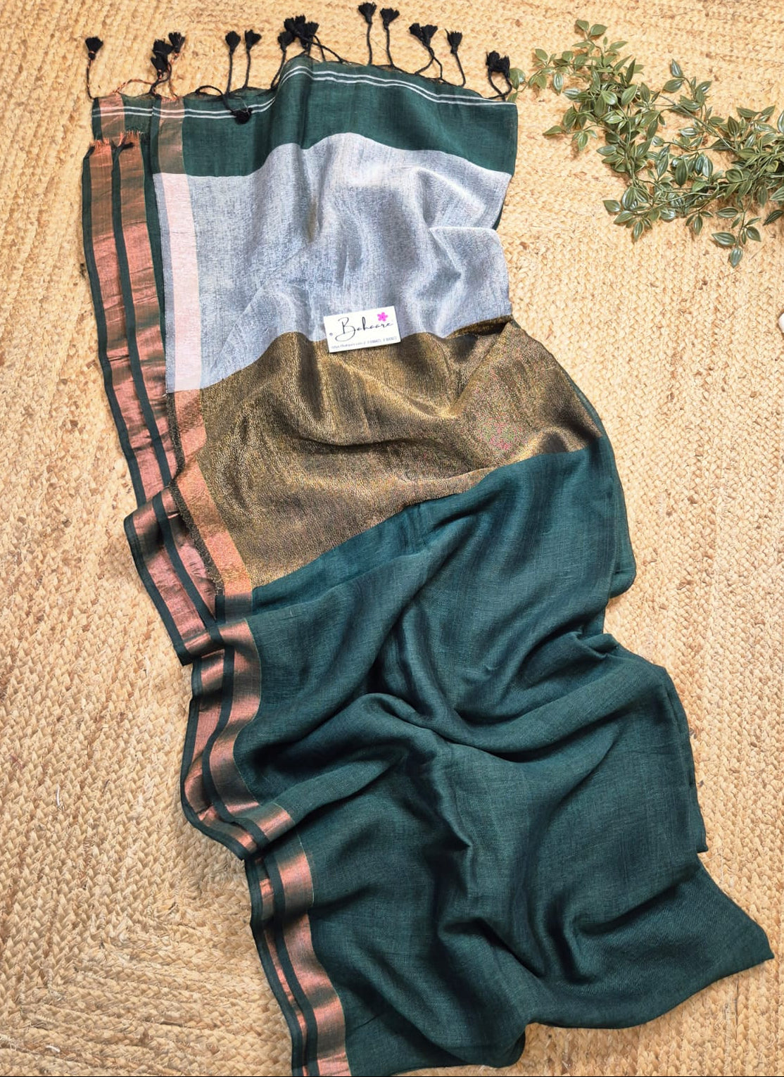 Woodland Whispers | Bottle Green Linen Saree with Gold and Silver Zari Pallu