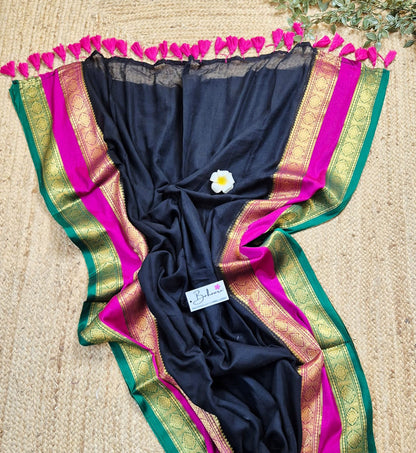 Noor | Royal Black Mul Mul Cotton Saree with Rani Pink and Green Zari Border