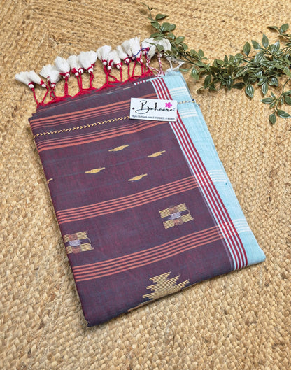 Mohini | Earthy Maroon Dual Tone Mul Mul Cotton Saree with Jamdani Motif