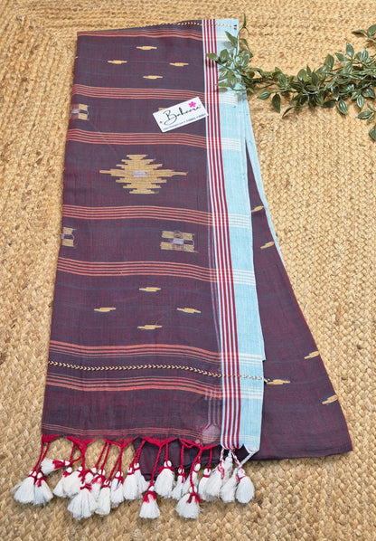 Mohini | Earthy Maroon Dual Tone Mul Mul Cotton Saree with Jamdani Motif