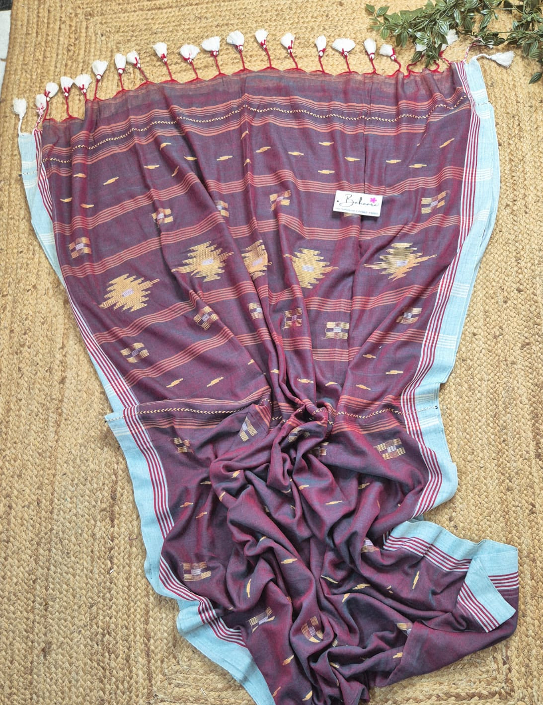 Mohini | Earthy Maroon Dual Tone Mul Mul Cotton Saree with Jamdani Motif