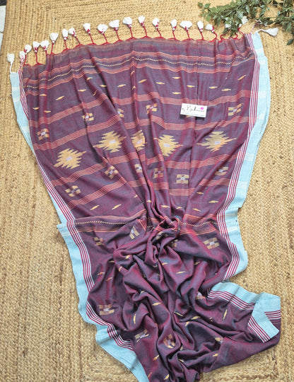 Mohini | Earthy Maroon Dual Tone Mul Mul Cotton Saree with Jamdani Motif