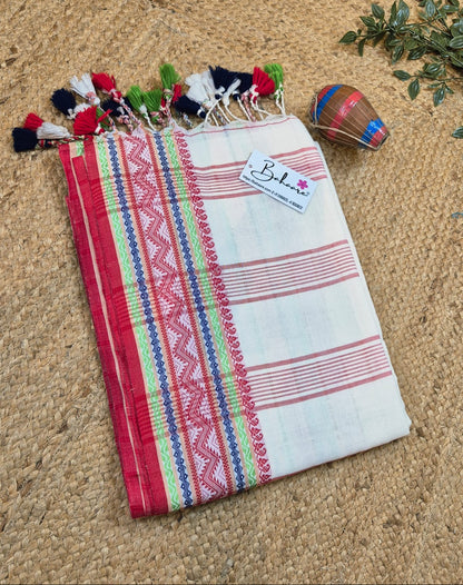 Cotton Galleria | Sandal White Premium Cotton Saree with Handwoven Multicoloured Border