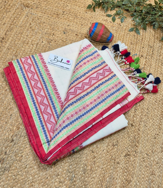 Cotton Galleria | Sandal White Premium Cotton Saree with Handwoven Multicoloured Border