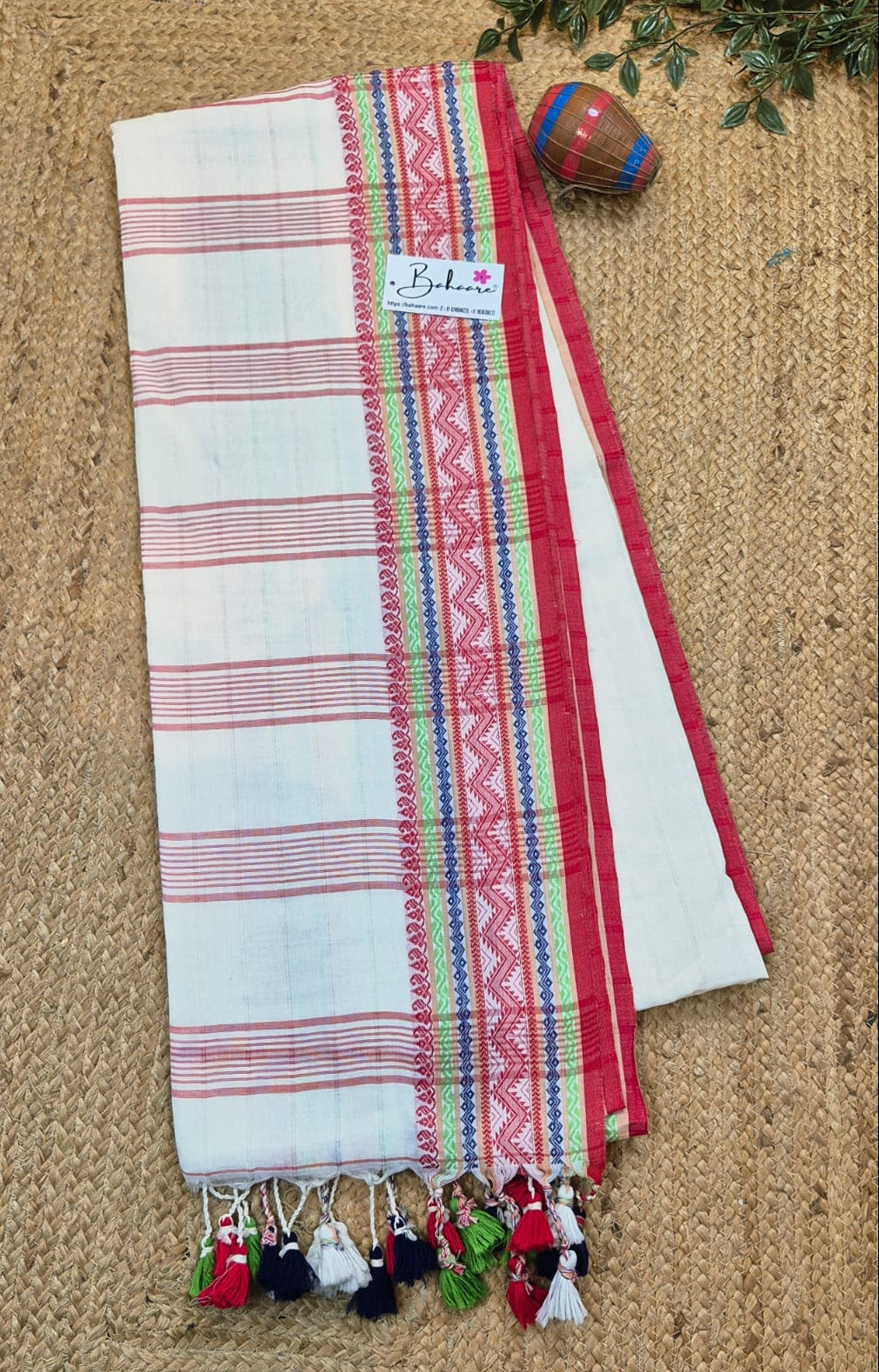 Cotton Galleria | Sandal White Premium Cotton Saree with Handwoven Multicoloured Border