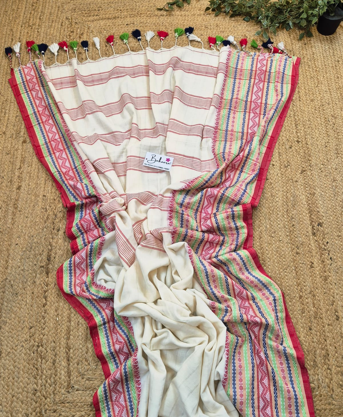 Cotton Galleria | Sandal White Premium Cotton Saree with Handwoven Multicoloured Border