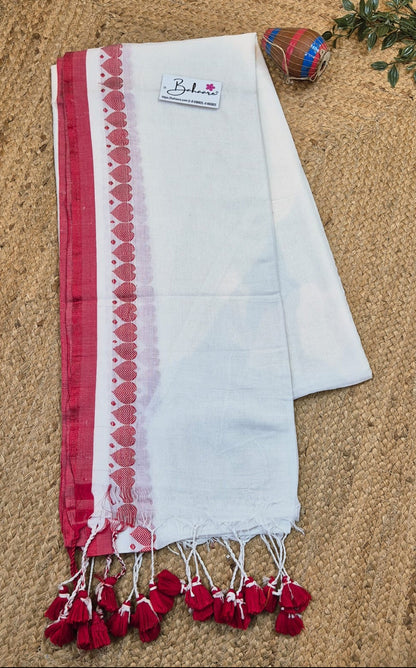 Cotton Galleria | Crystal White Premium Cotton Saree with Red Border