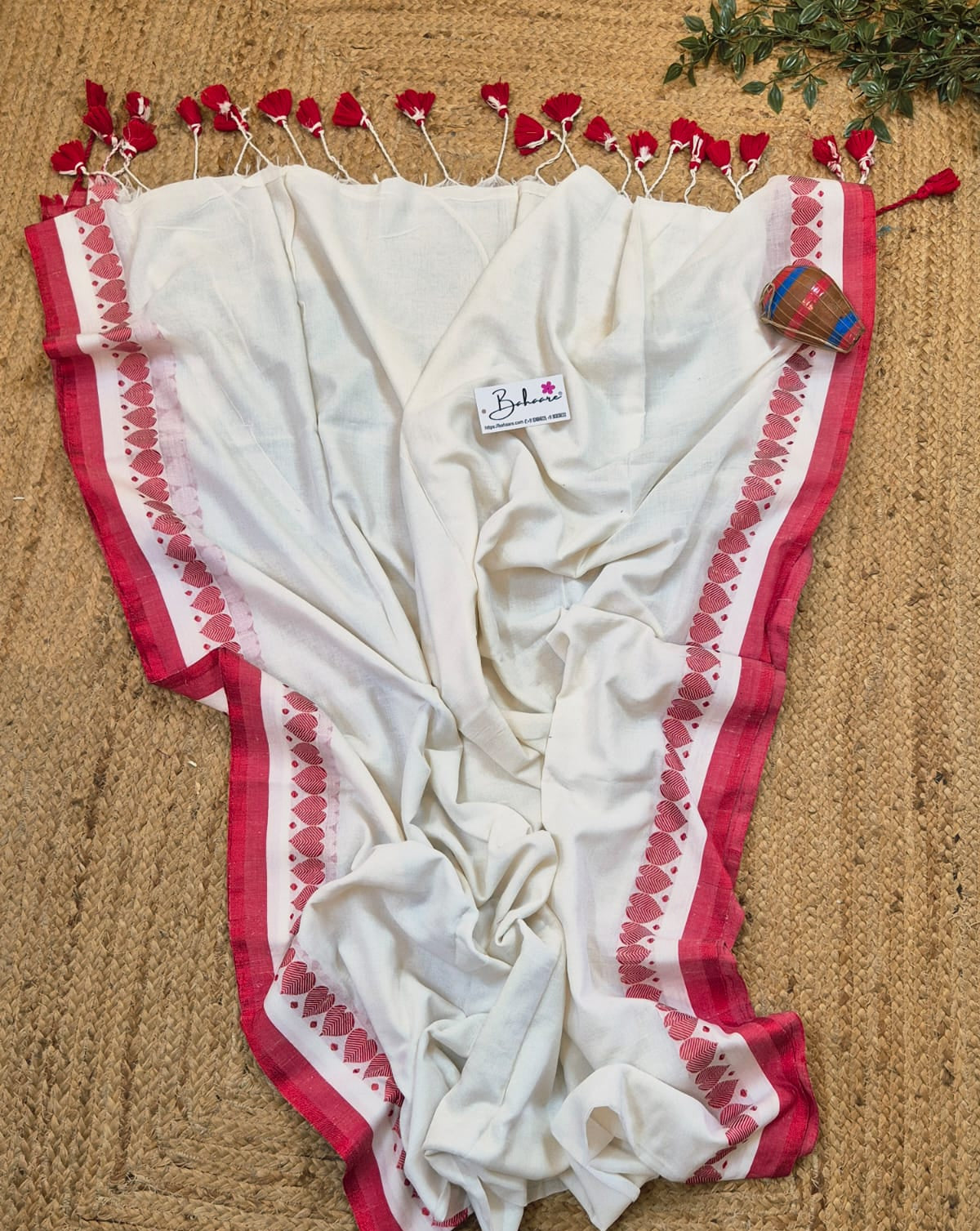 Cotton Galleria | Crystal White Premium Cotton Saree with Red Border