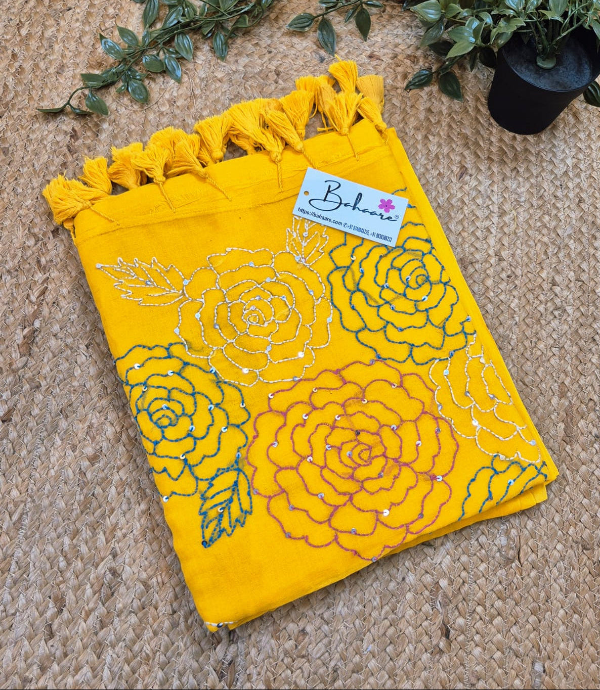 Mohini | Sunshine Yellow Mul Mul Cotton Saree with Kantha Hand Embroidery