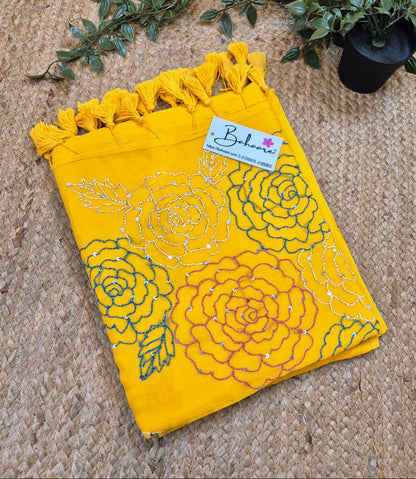 Mohini | Sunshine Yellow Mul Mul Cotton Saree with Kantha Hand Embroidery