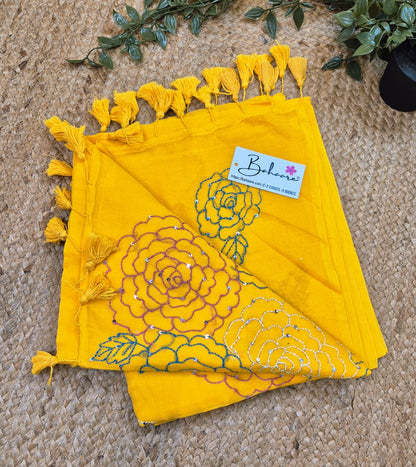 Mohini | Sunshine Yellow Mul Mul Cotton Saree with Kantha Hand Embroidery