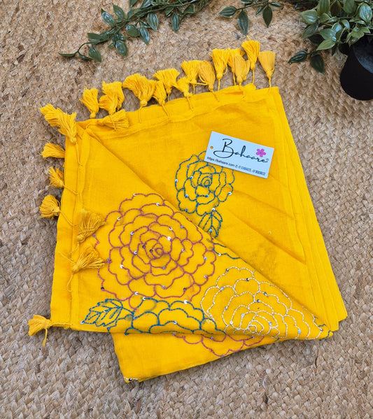 Mohini | Sunshine Yellow Mul Mul Cotton Saree with Kantha Hand Embroidery