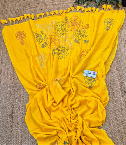 Mohini | Sunshine Yellow Mul Mul Cotton Saree with Kantha Hand Embroidery