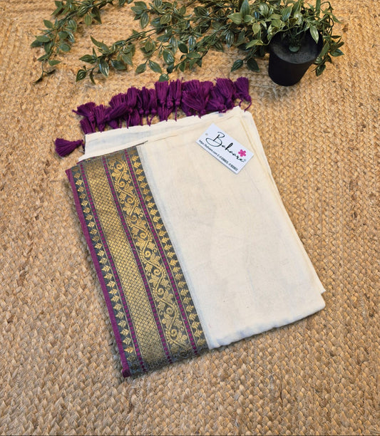 Noor | Classic Off White Mul Mul Cotton Saree with Purple Zari Border