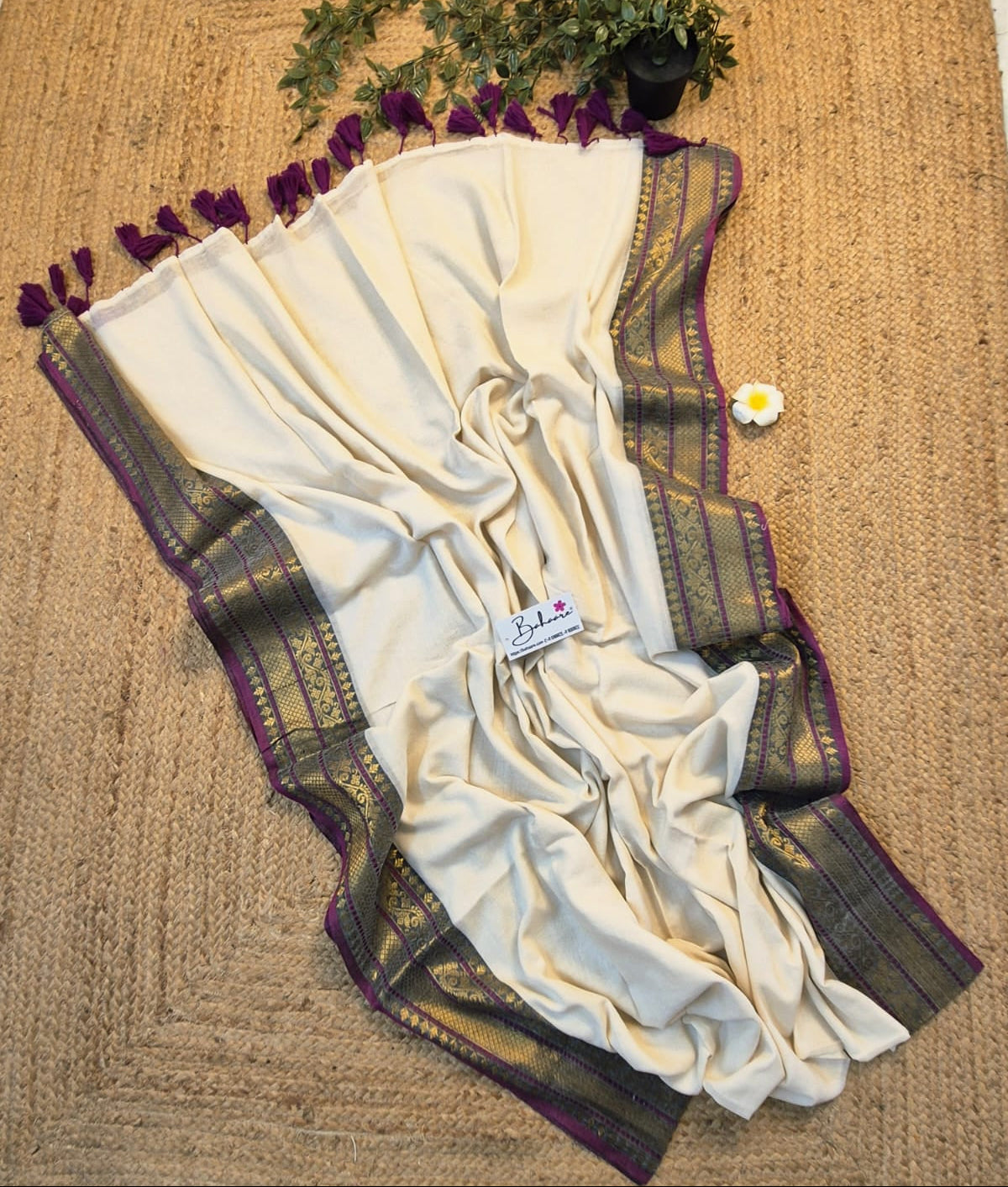 Noor | Classic Off White Mul Mul Cotton Saree with Purple Zari Border