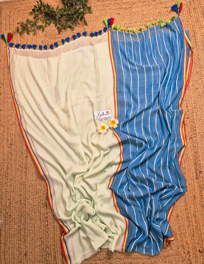 Mohini | Trendy Blue and Pista Half N Half Mul Mul Cotton Saree