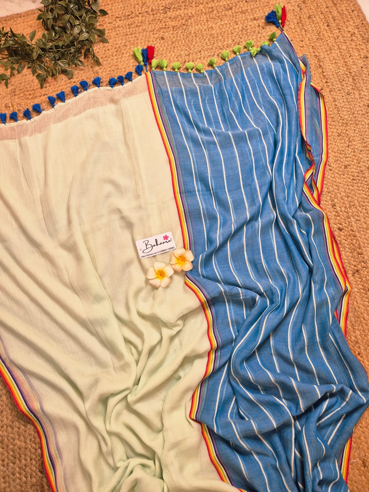 Mohini | Trendy Blue and Pista Half N Half Mul Mul Cotton Saree