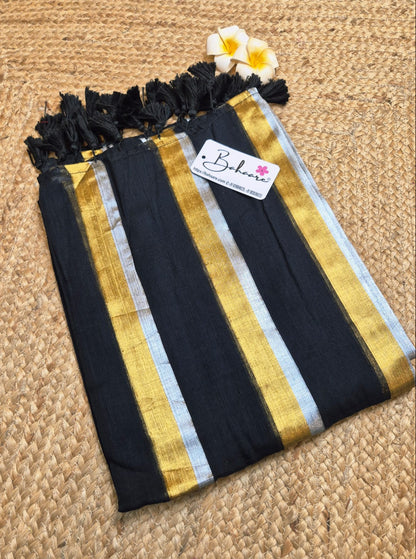 Mohini | Stylish Magic Black Mul Mul Cotton Saree with Horizontal Stripe