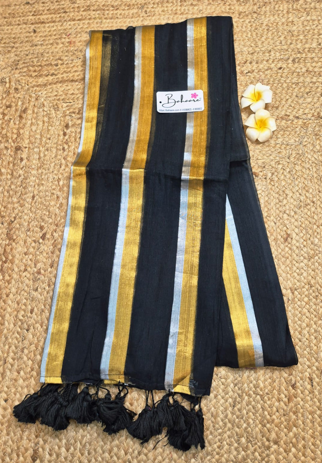 Mohini | Stylish Magic Black Mul Mul Cotton Saree with Horizontal Stripe