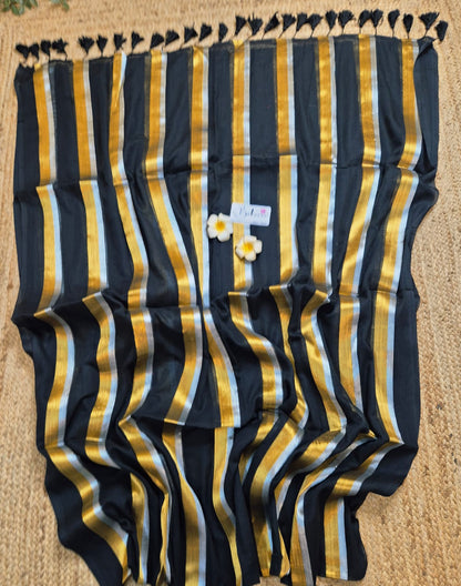 Mohini | Stylish Magic Black Mul Mul Cotton Saree with Horizontal Stripe