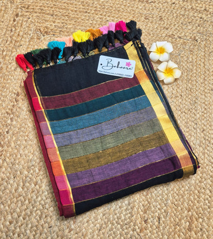 Noor | Party Black Mul Mul Cotton Saree with Rainbow Stripe